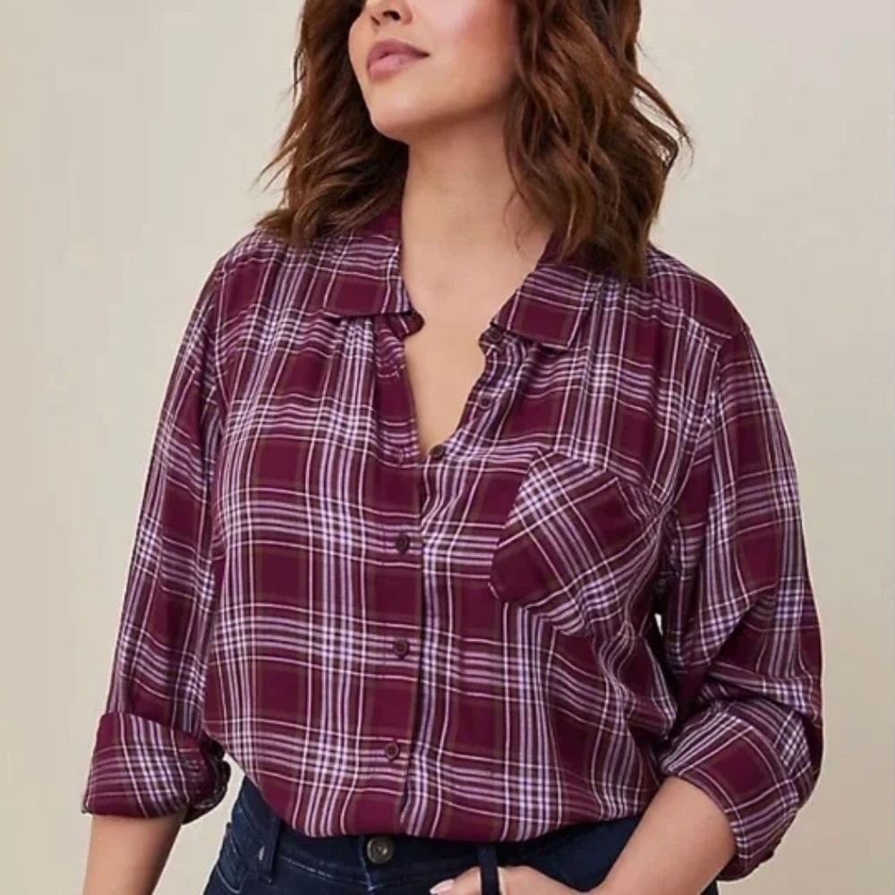 Torrid - Twill Purple Plaid Button Down Shirt Long Sleeve Collared Slim Top - 3X